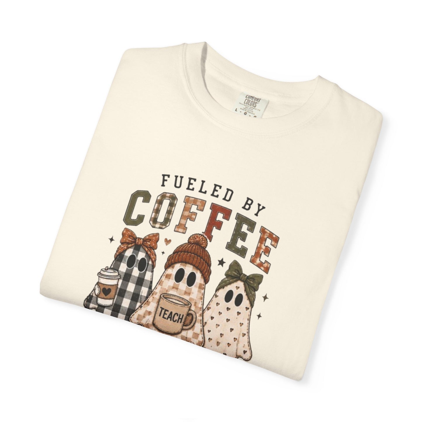 Fueled by Coffee & Tiny Humans Teacher T-Shirt | Halloween Ghost Teacher Tee