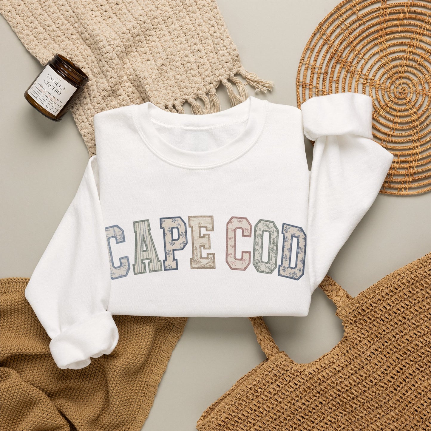 Cape Cod Coastal Patchwork Crewneck Sweatshirt
