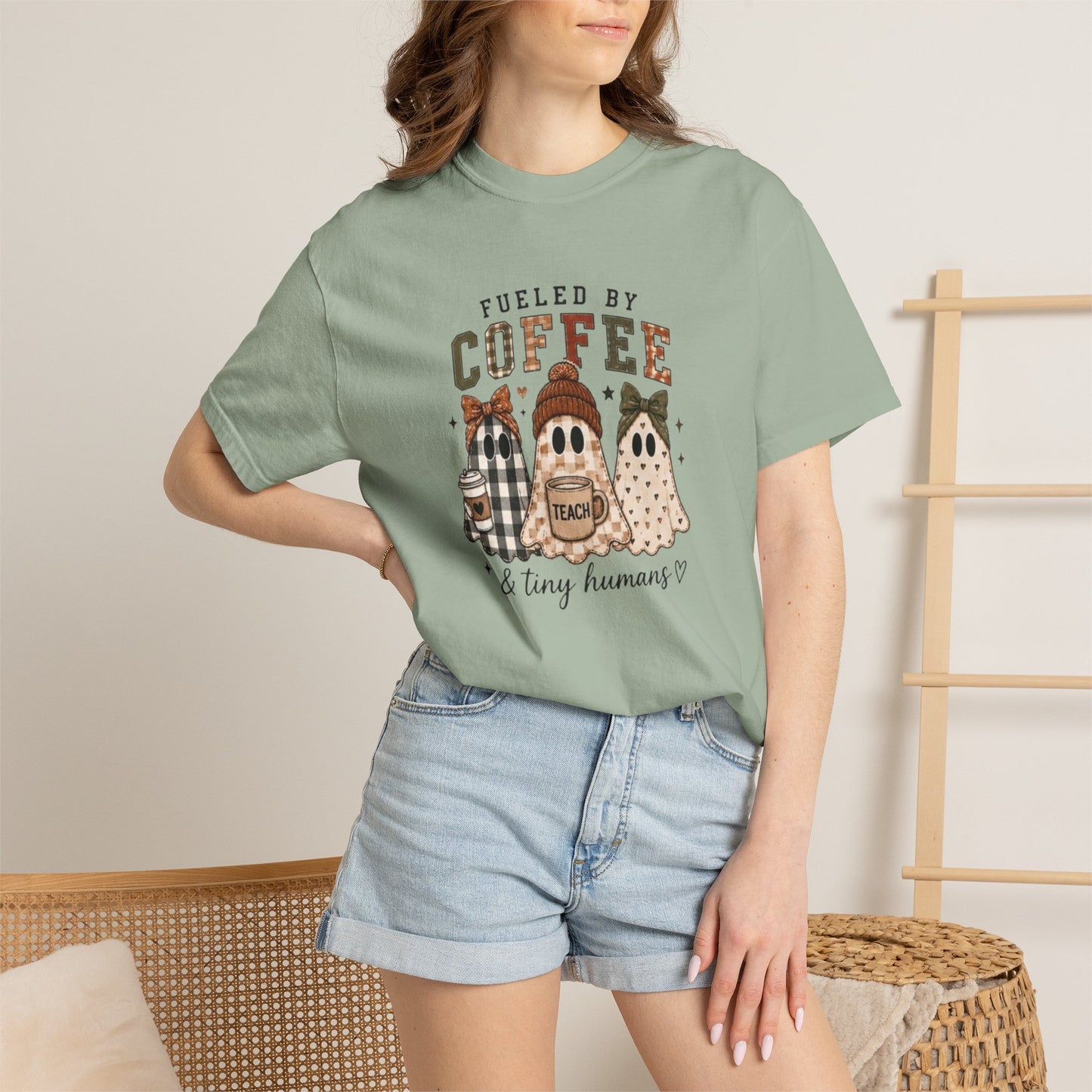 Fueled by Coffee & Tiny Humans Teacher T-Shirt | Halloween Ghost Teacher Tee