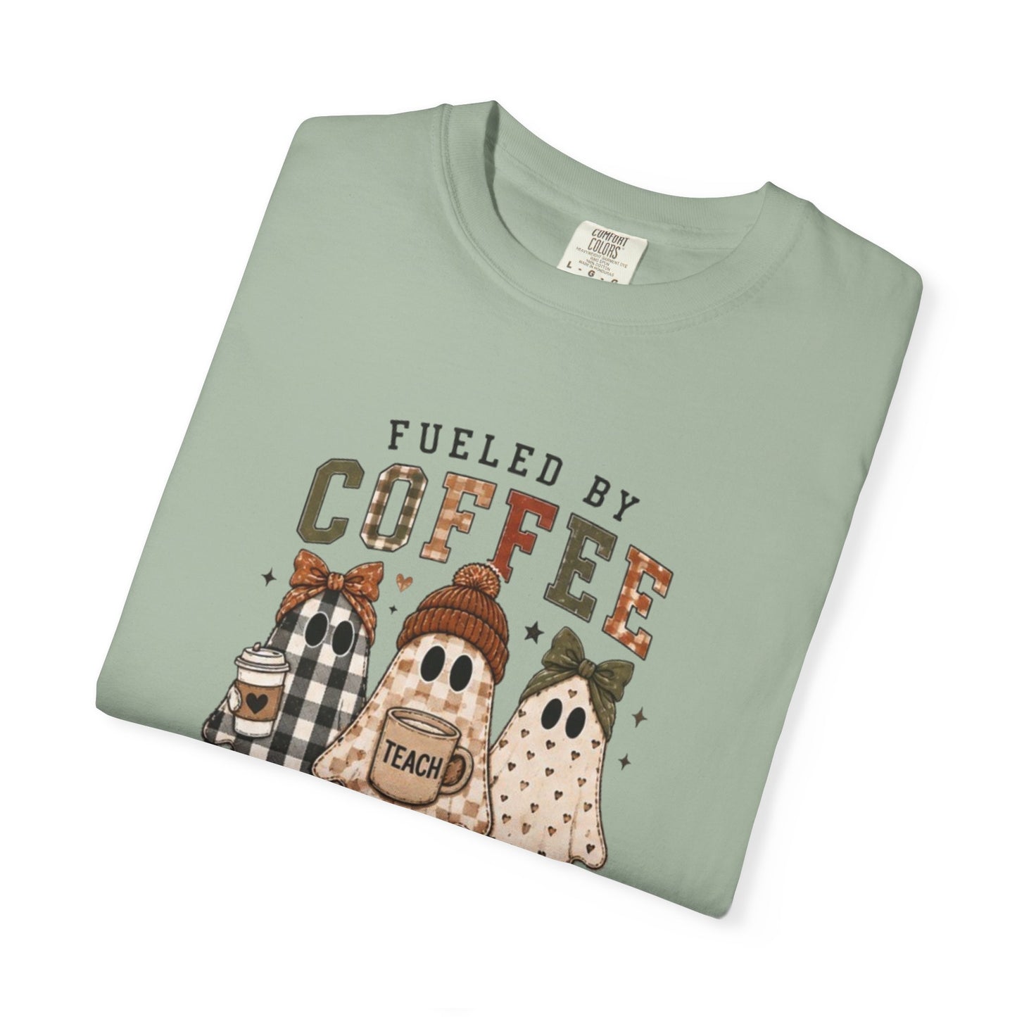 Fueled by Coffee & Tiny Humans Teacher T-Shirt | Halloween Ghost Teacher Tee