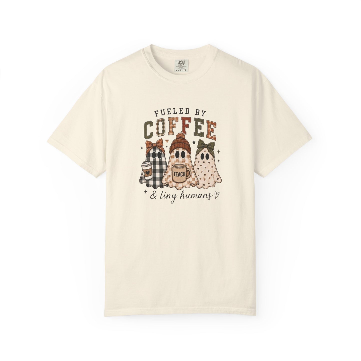 Fueled by Coffee & Tiny Humans Teacher T-Shirt | Halloween Ghost Teacher Tee