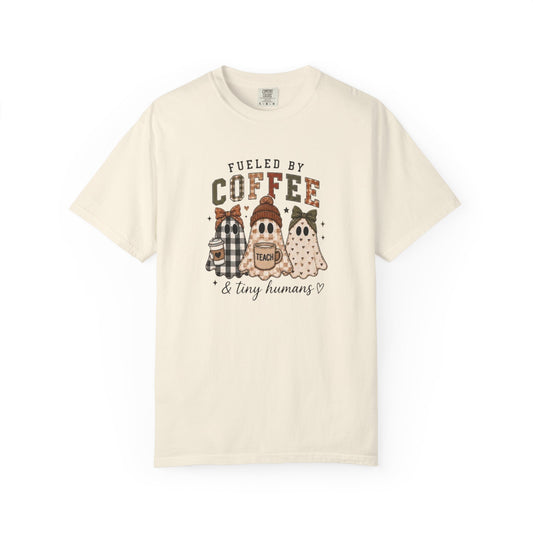 Fueled by Coffee & Tiny Humans Teacher T-Shirt | Halloween Ghost Teacher Tee