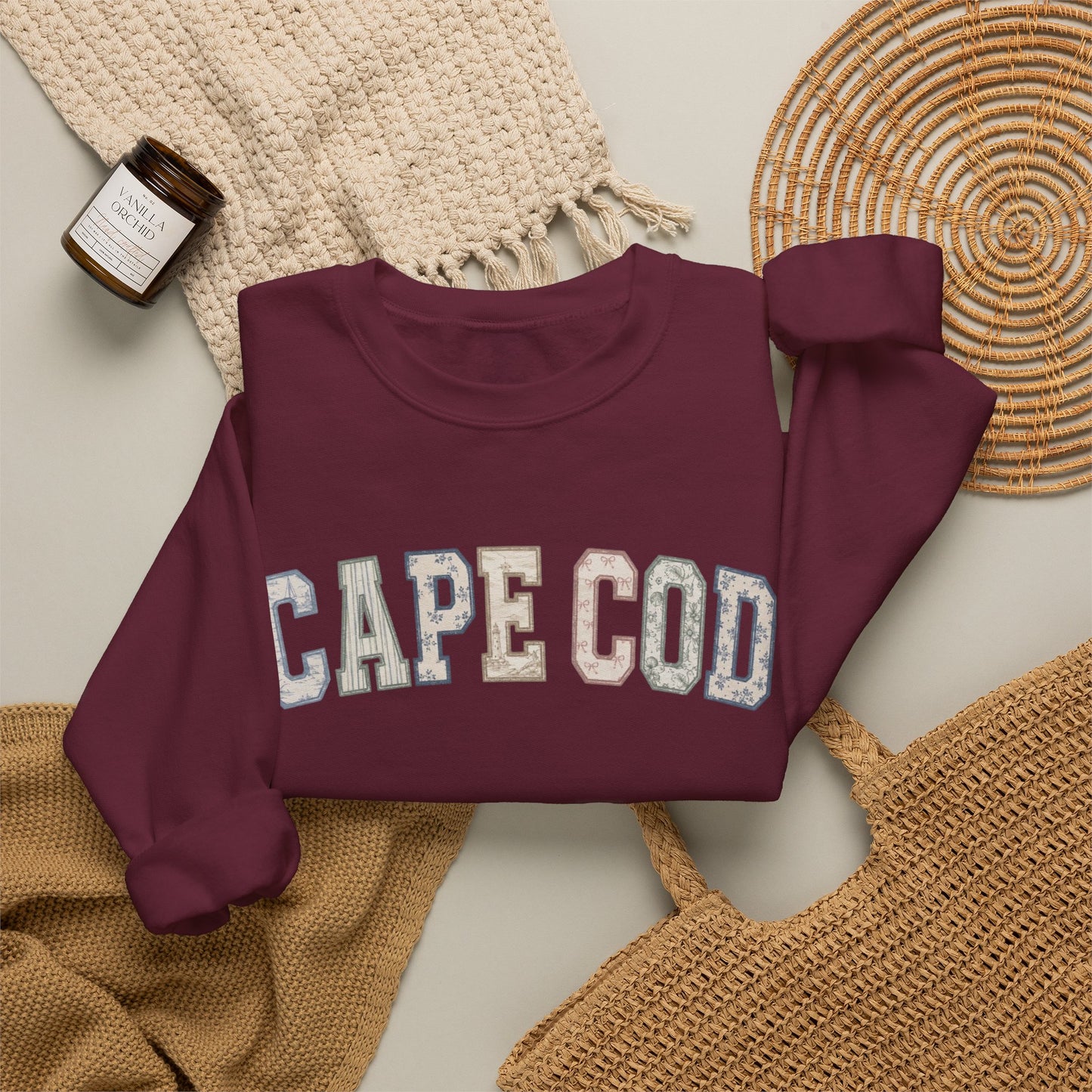 Cape Cod Coastal Patchwork Crewneck Sweatshirt