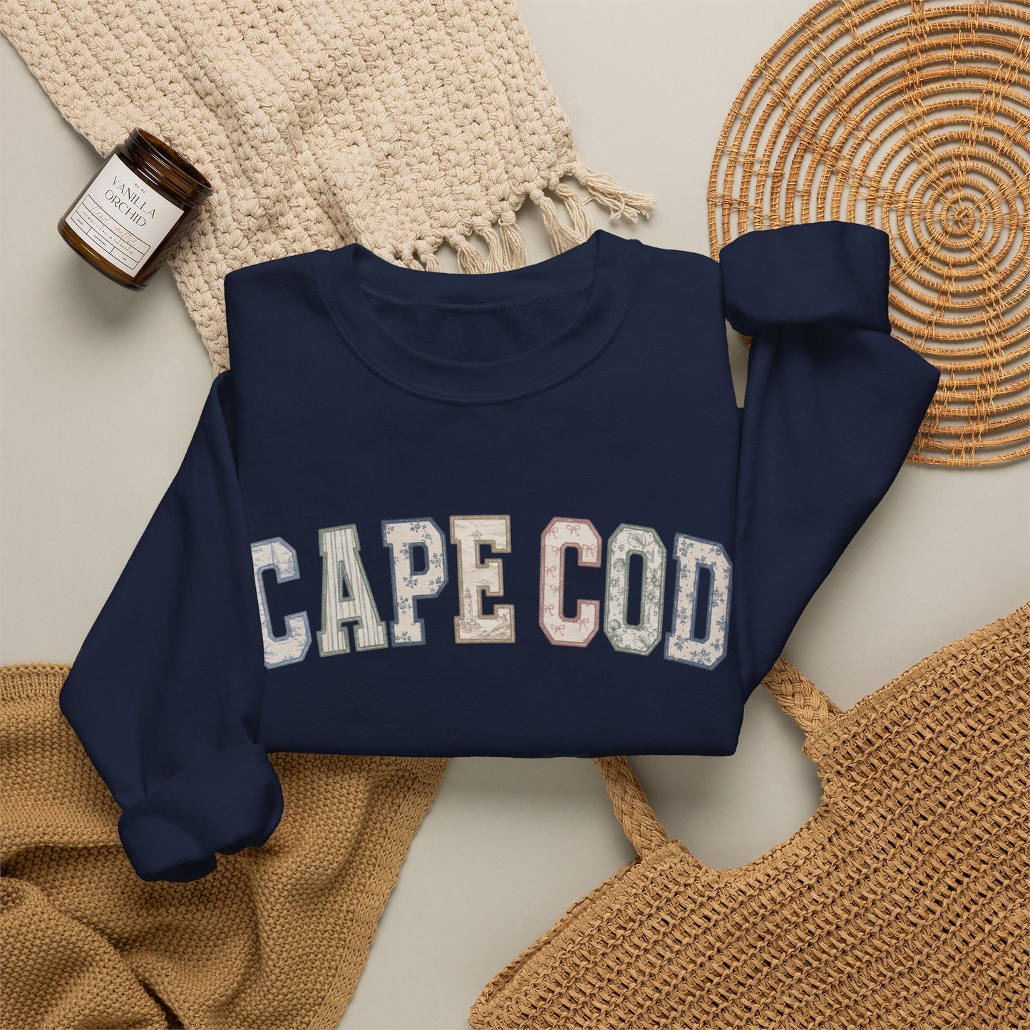 Cape Cod Coastal Patchwork Crewneck Sweatshirt