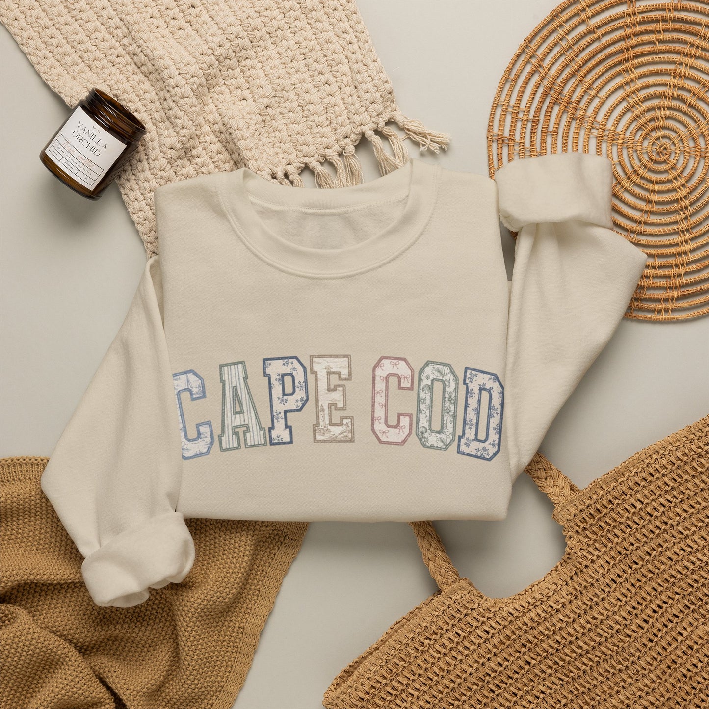 Cape Cod Coastal Patchwork Crewneck Sweatshirt