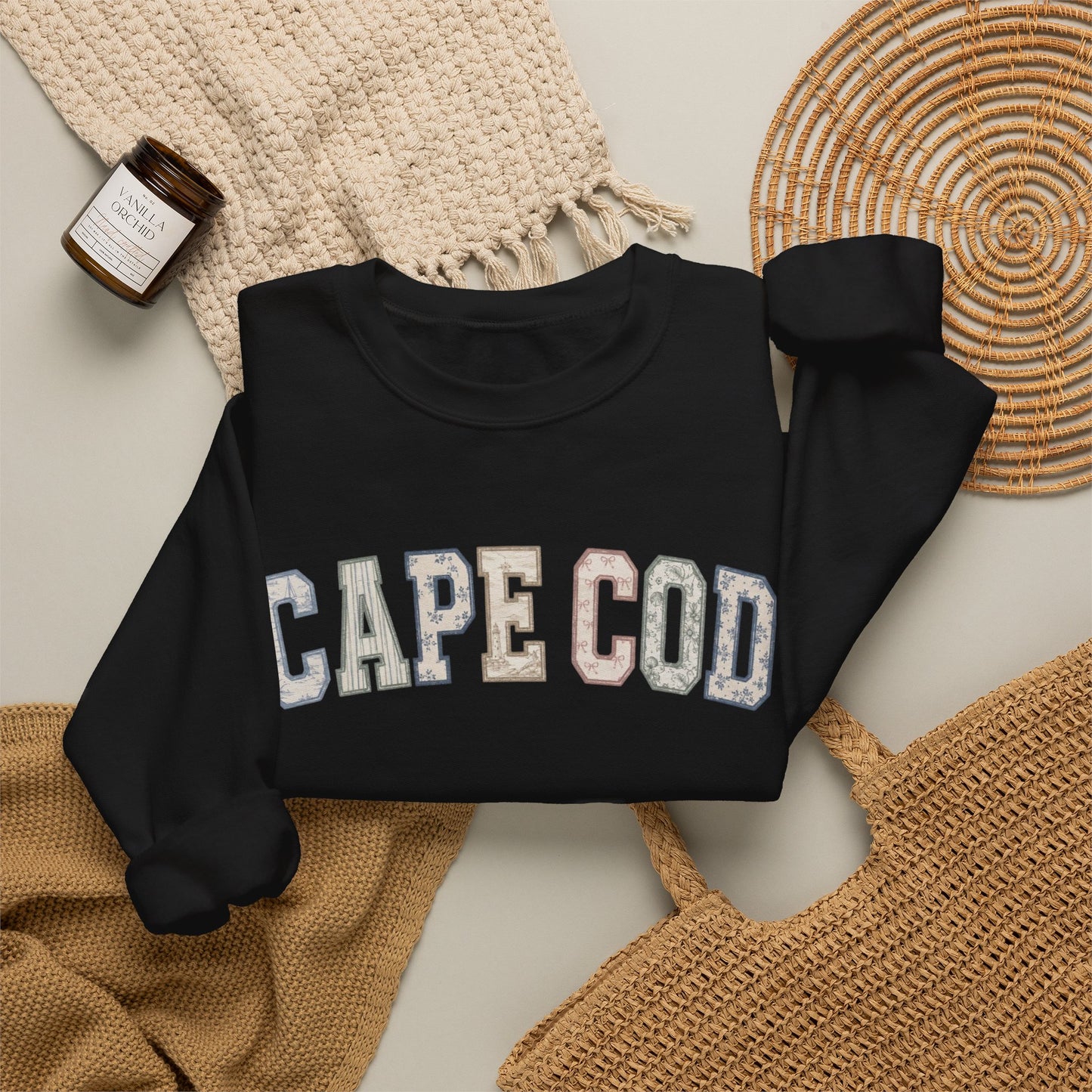 Cape Cod Coastal Patchwork Crewneck Sweatshirt