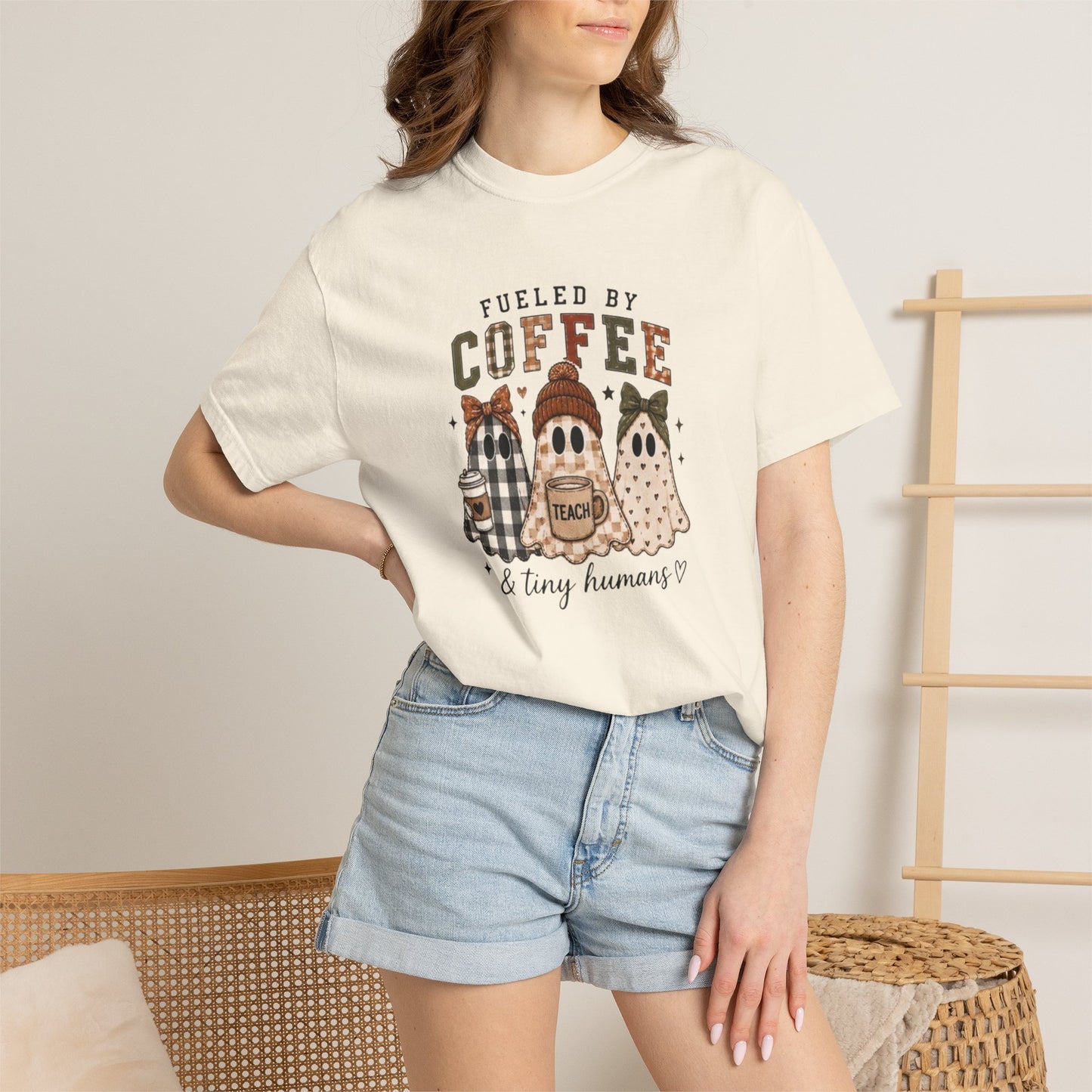 Fueled by Coffee & Tiny Humans Teacher T-Shirt | Halloween Ghost Teacher Tee