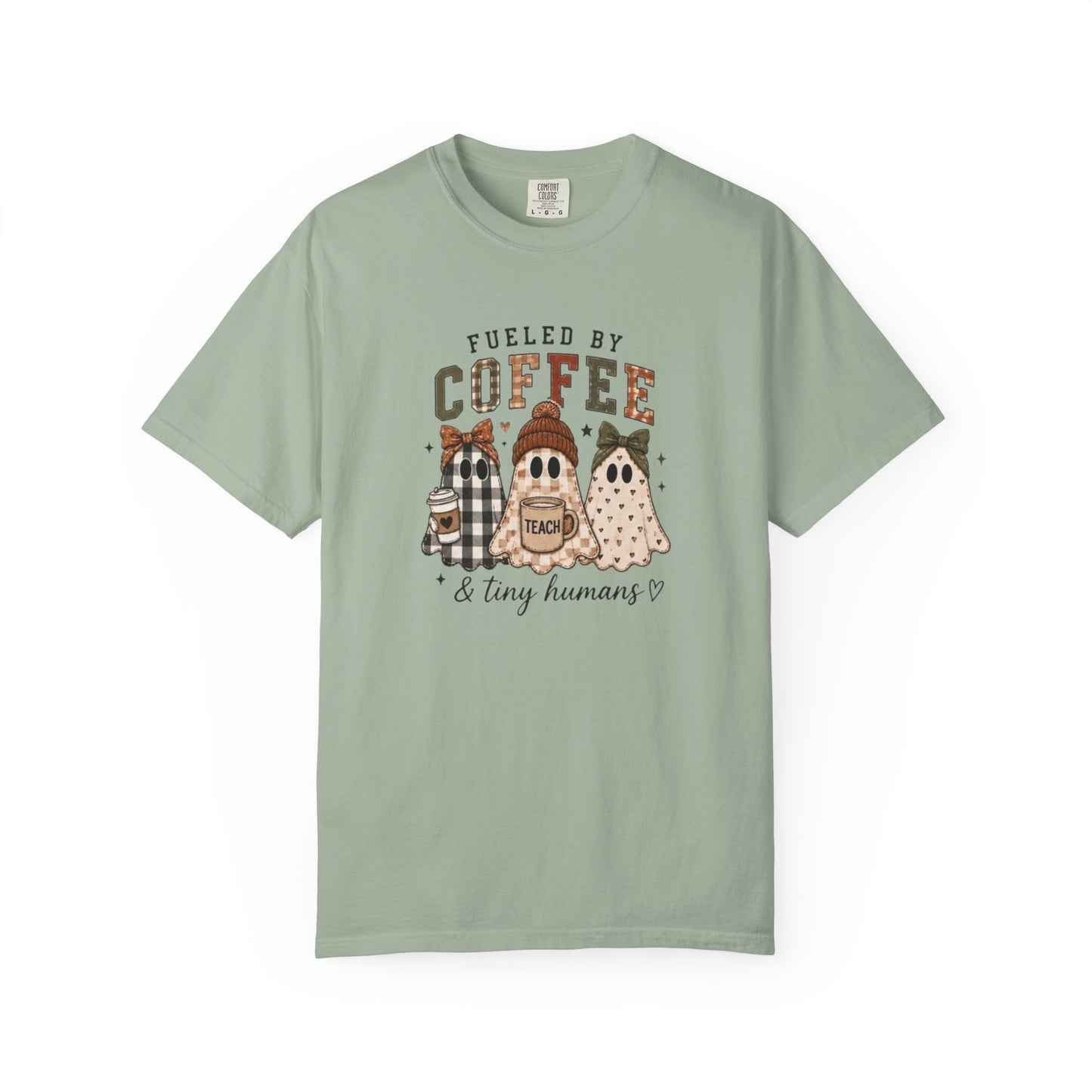 Fueled by Coffee & Tiny Humans Teacher T-Shirt | Halloween Ghost Teacher Tee